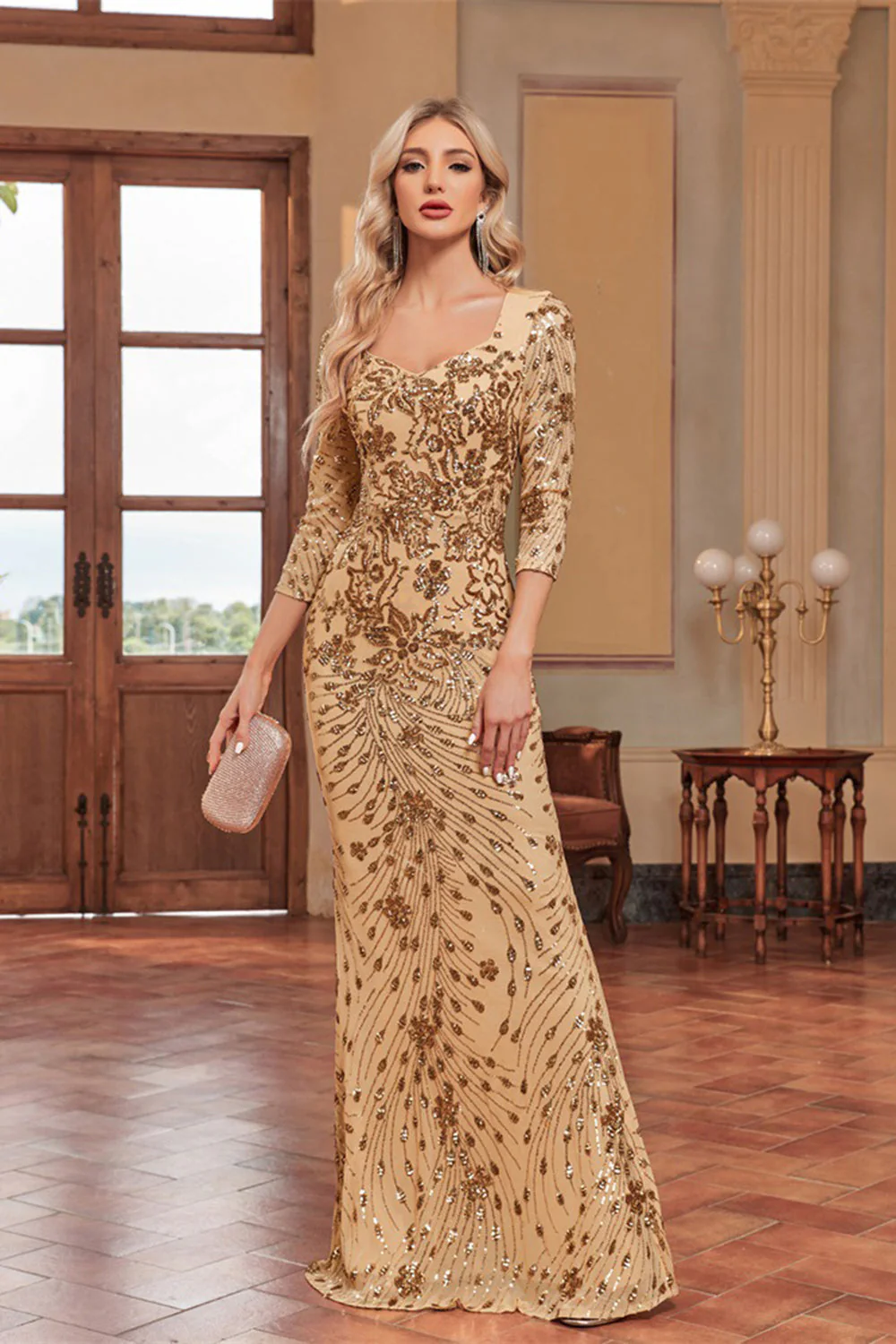 Sparkly Dark Green Mermaid Appliques Square Neck Mother of the Bride Dress with 3/4 Sleeves - Image 10