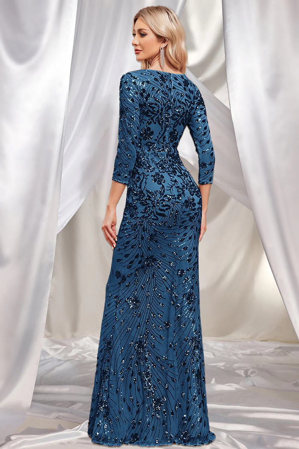 Sparkly Dark Green Mermaid Appliques Square Neck Mother of the Bride Dress with 3/4 Sleeves - Image 13