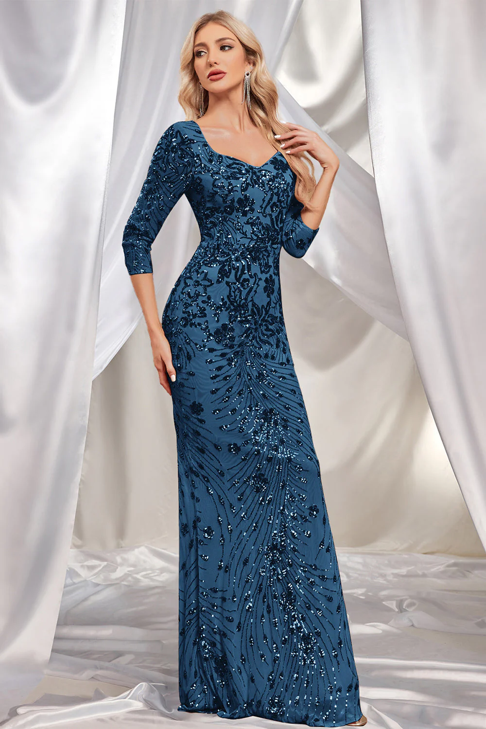 Sparkly Dark Green Mermaid Appliques Square Neck Mother of the Bride Dress with 3/4 Sleeves - Image 16