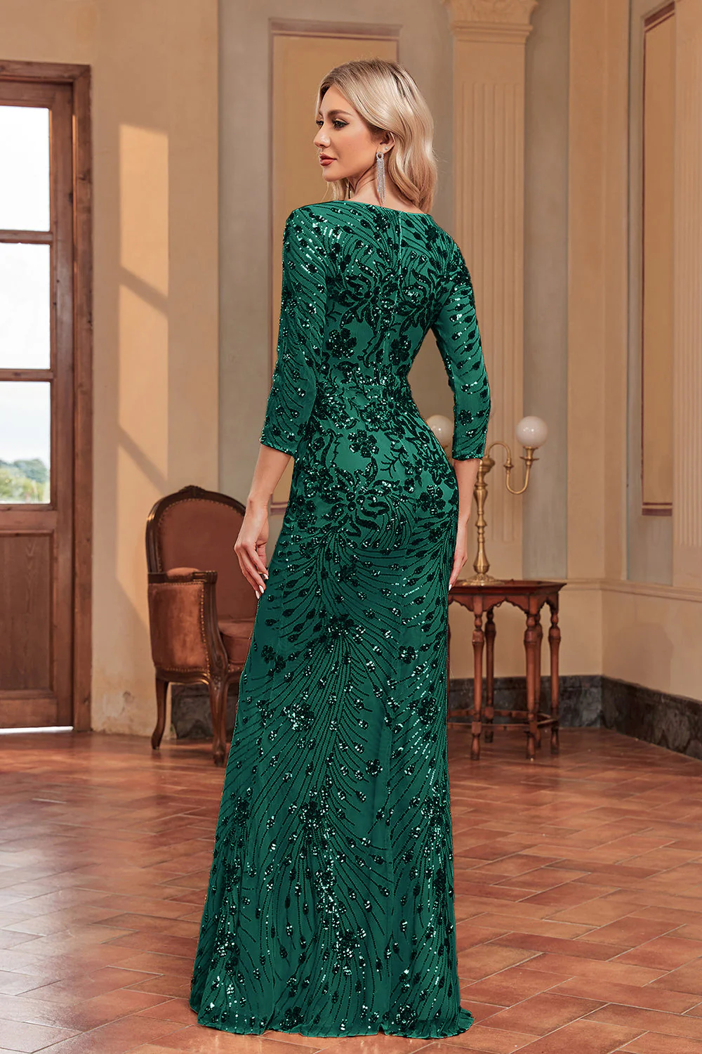 Sparkly Dark Green Mermaid Appliques Square Neck Mother of the Bride Dress with 3/4 Sleeves - Image 2