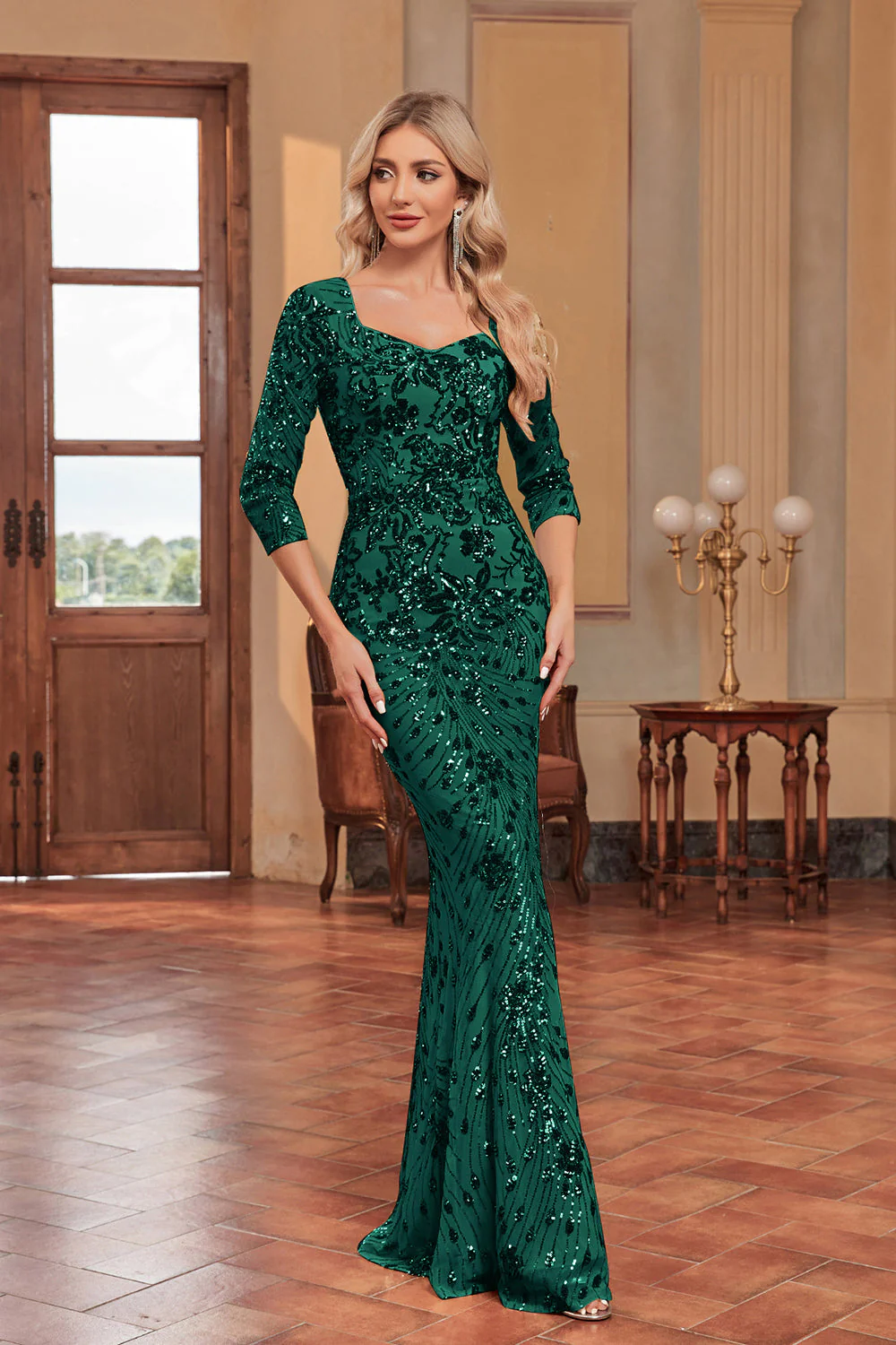 Sparkly Dark Green Mermaid Appliques Square Neck Mother of the Bride Dress with 3/4 Sleeves - Image 3