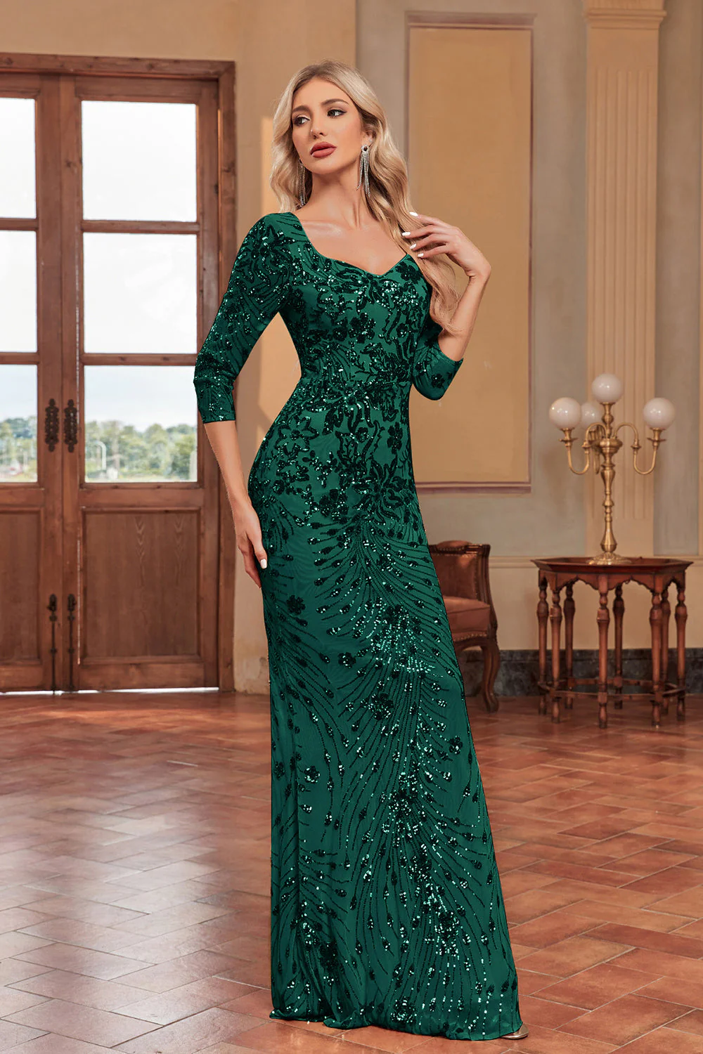 Sparkly Dark Green Mermaid Appliques Square Neck Mother of the Bride Dress with 3/4 Sleeves - Image 4