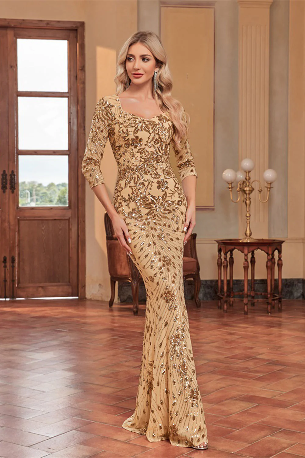 Sparkly Dark Green Mermaid Appliques Square Neck Mother of the Bride Dress with 3/4 Sleeves - Image 9