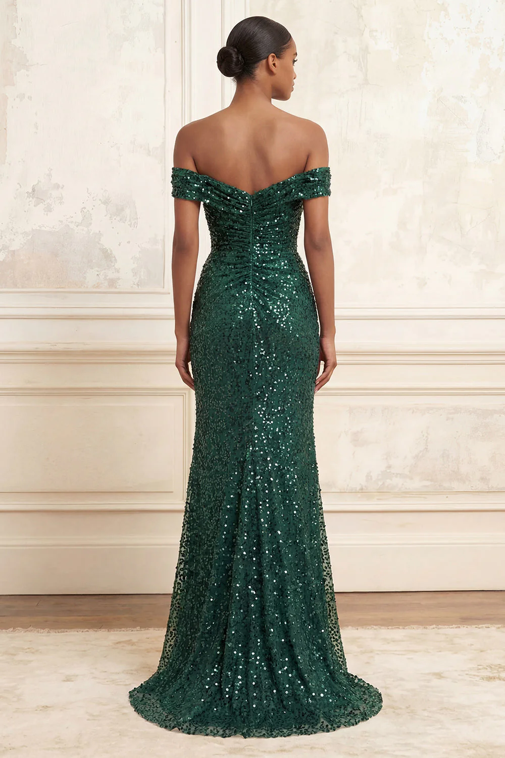 Dark Green Mermaid Off the Shoulder Ruched Sequin Long Prom Dress with Slit - Image 2