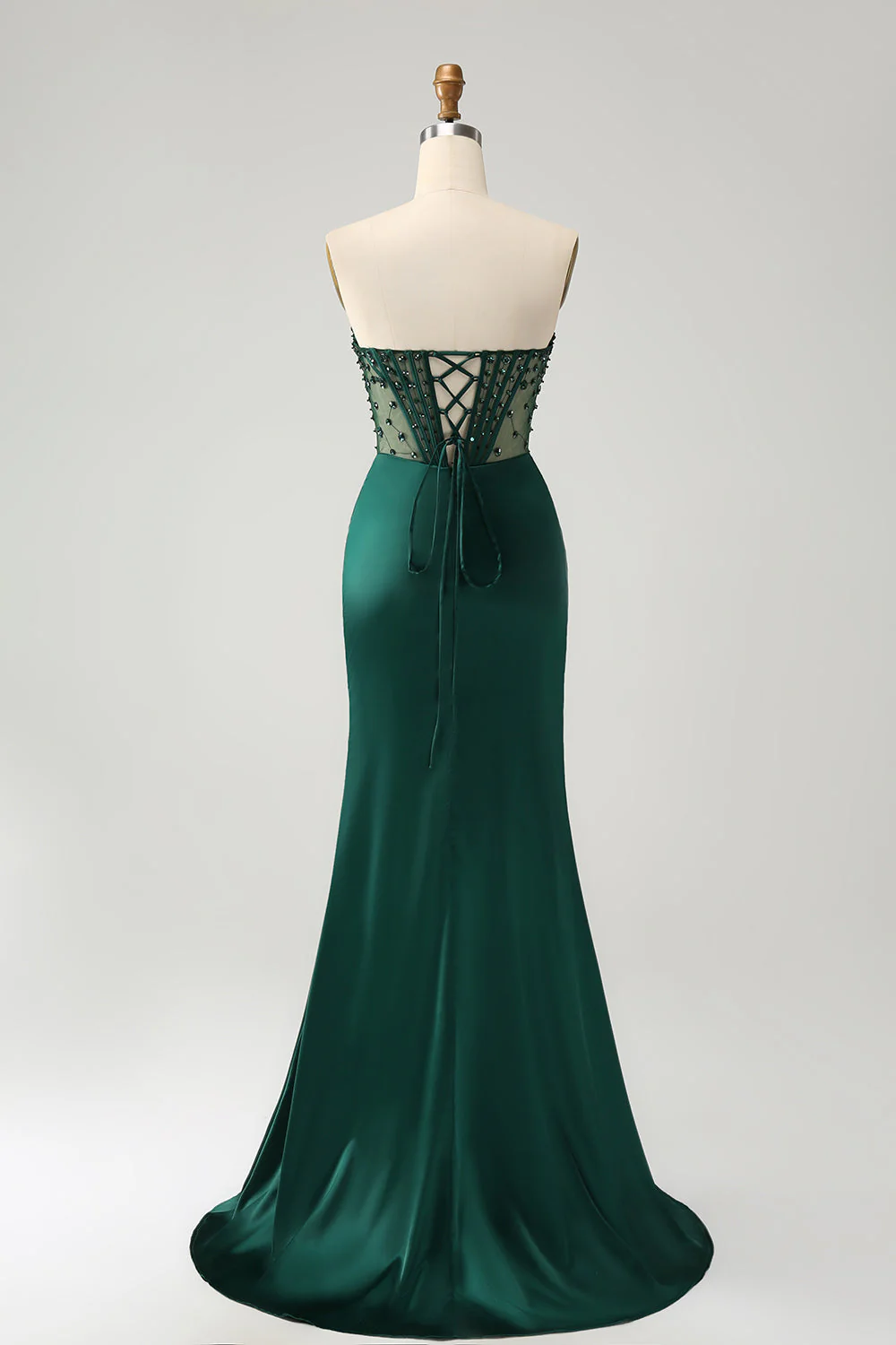 Sparkly Dark Green Mermaid Strapless Beaded Corset Long Prom Dress with Slit - Image 2