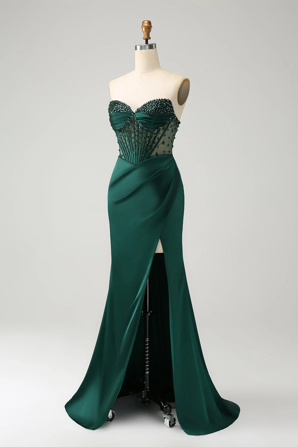 Sparkly Dark Green Mermaid Strapless Beaded Corset Long Prom Dress with Slit - Image 3
