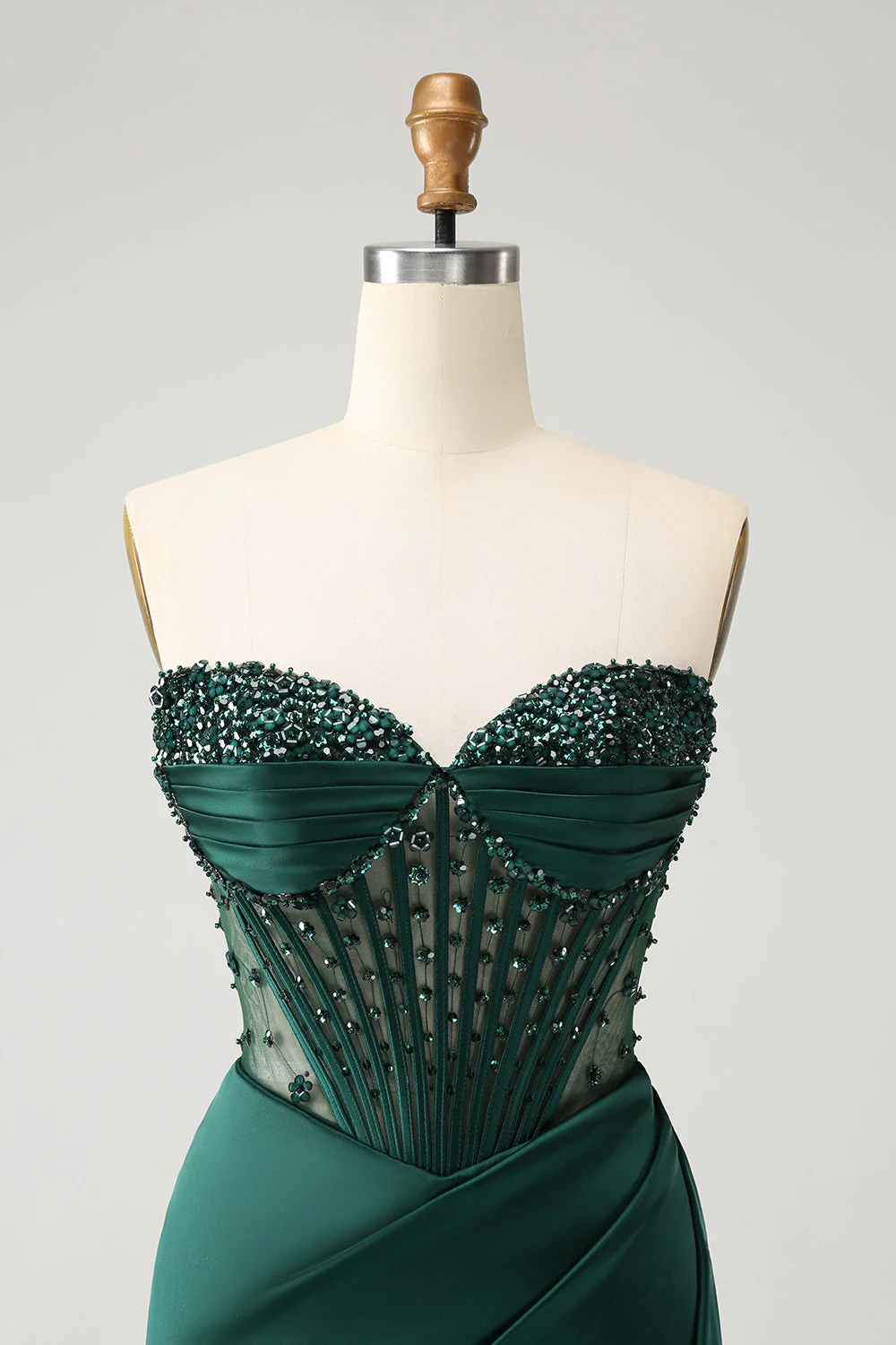 Sparkly Dark Green Mermaid Strapless Beaded Corset Long Prom Dress with Slit - Image 4