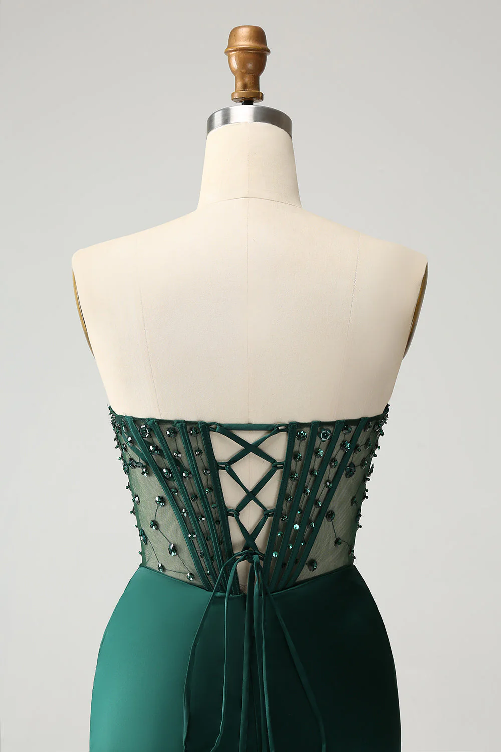 Sparkly Dark Green Mermaid Strapless Beaded Corset Long Prom Dress with Slit - Image 5