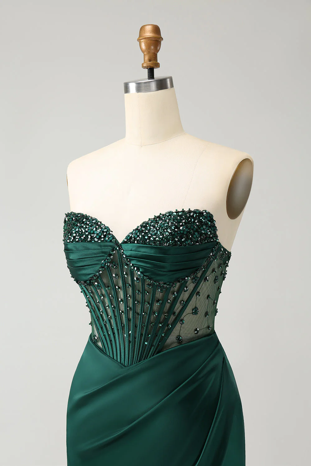 Sparkly Dark Green Mermaid Strapless Beaded Corset Long Prom Dress with Slit - Image 6