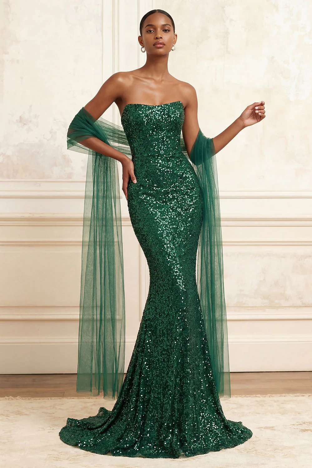 Sparkly Dark Green Strapless Mermaid Sequins Long Prom Dress with Streamer