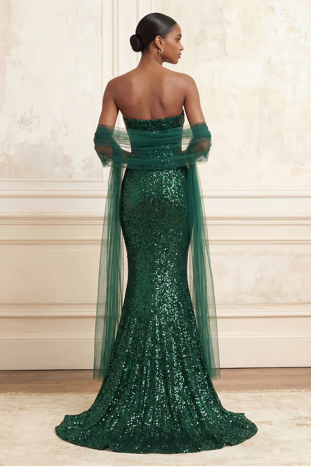 Sparkly Dark Green Strapless Mermaid Sequins Long Prom Dress with Streamer - Image 2