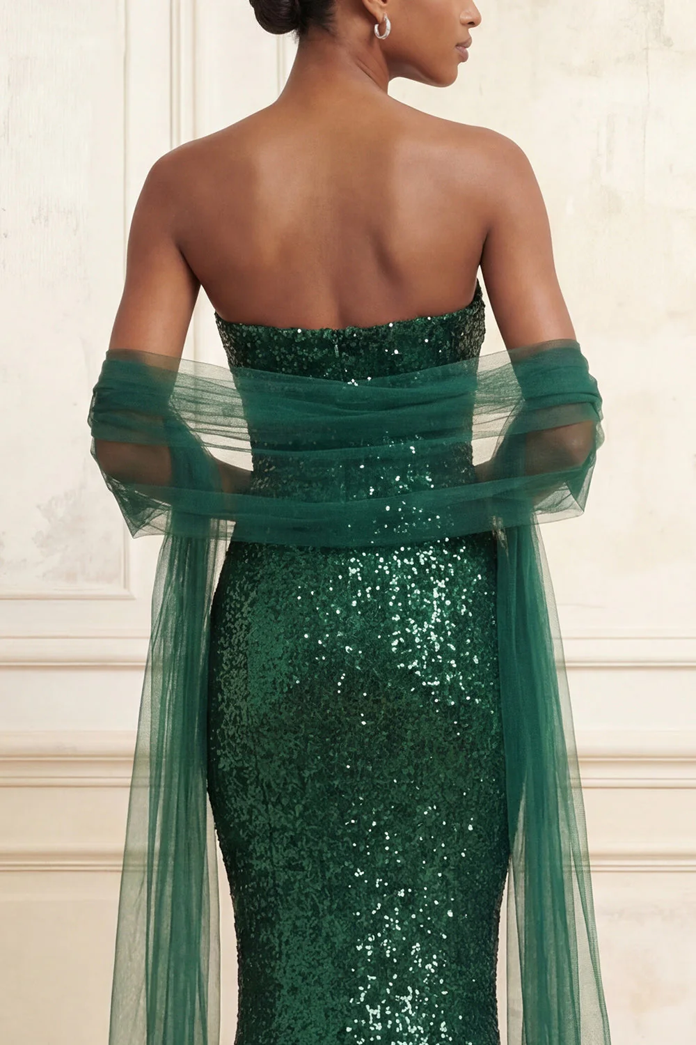 Sparkly Dark Green Strapless Mermaid Sequins Long Prom Dress with Streamer - Image 4