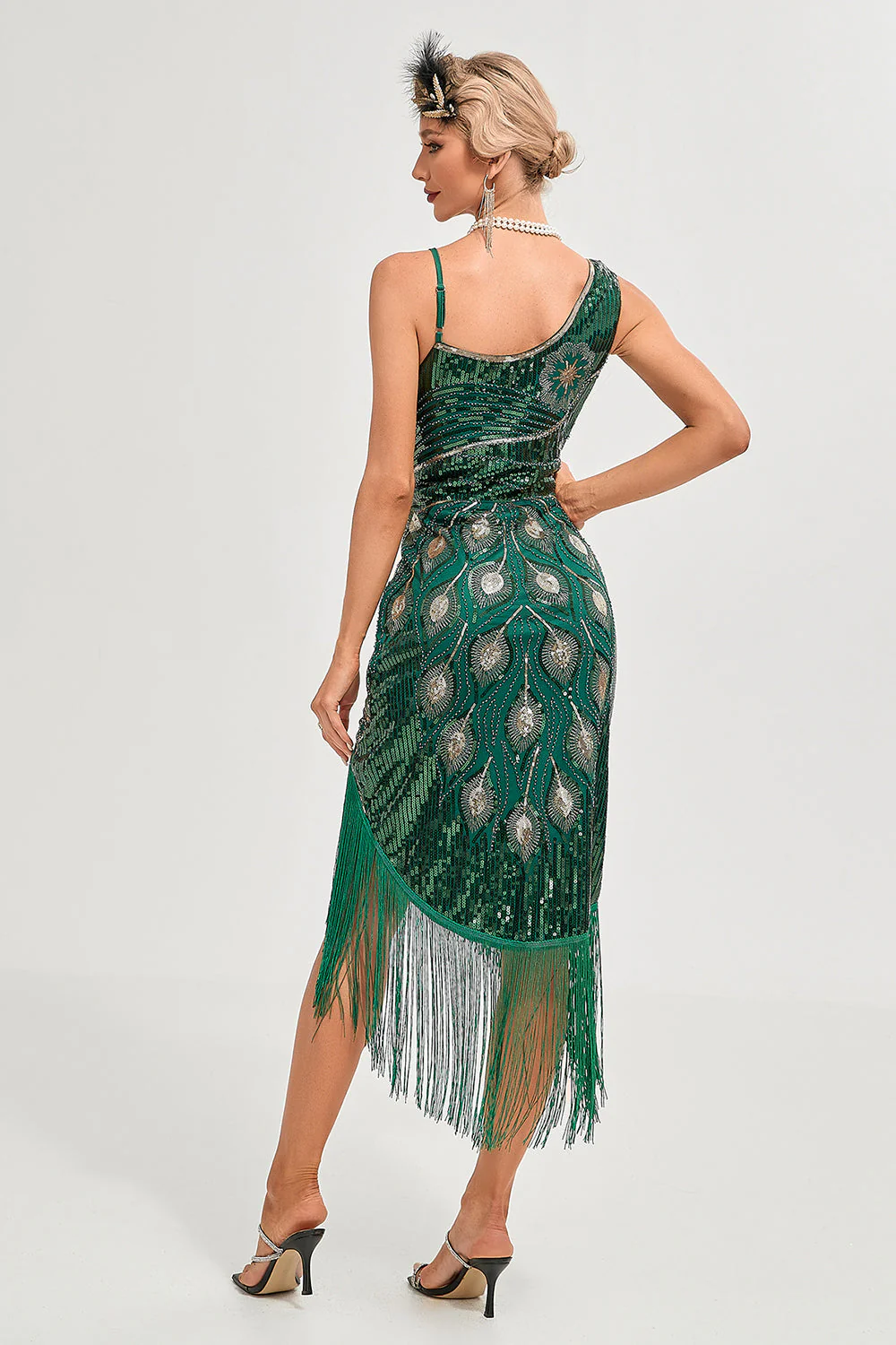 Sparkly Dark Green Sequins Fringes Asymmetrical 1920s Gatsby Dress with Accessories Set - Image 2