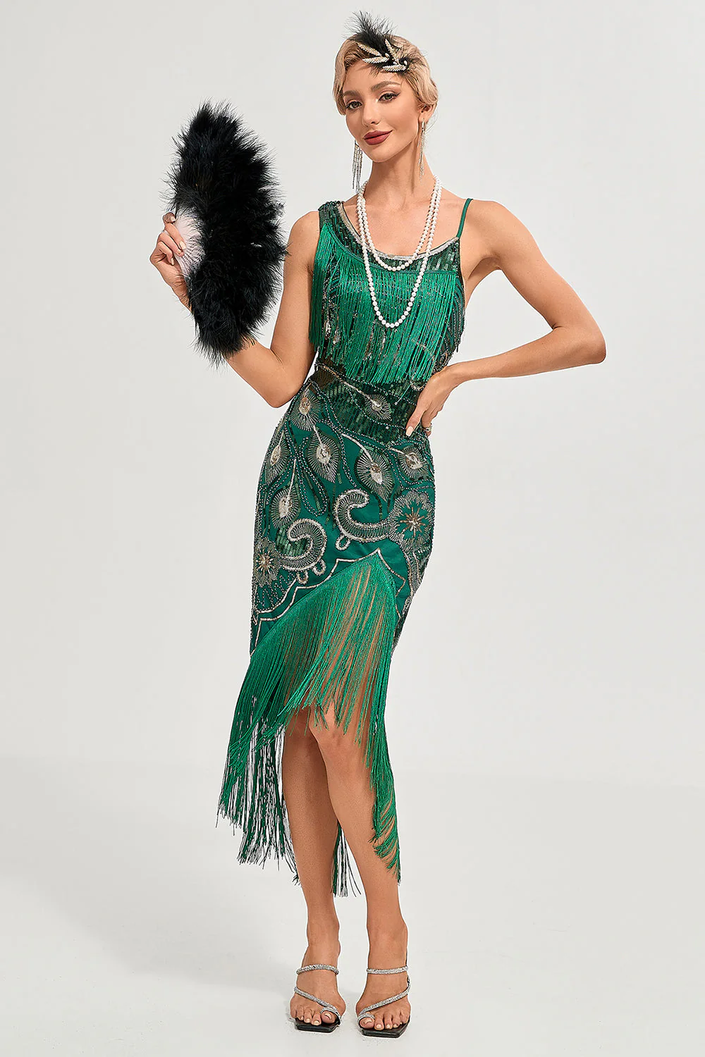 Sparkly Dark Green Sequins Fringes Asymmetrical 1920s Gatsby Dress with Accessories Set - Image 5