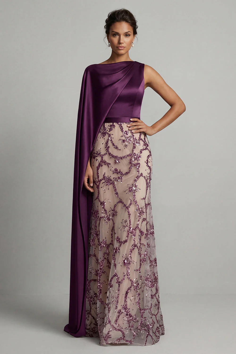 Sparkly Dark Purple Sheath Long Mother of the Bride Dress with Side Cape
