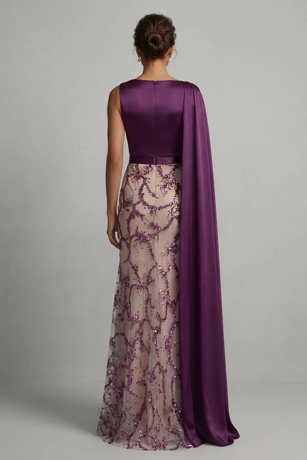 Sparkly Dark Purple Sheath Long Mother of the Bride Dress with Side Cape - Image 2