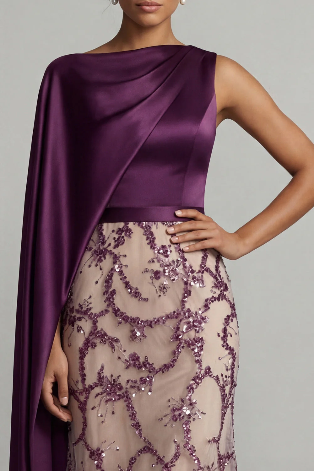 Sparkly Dark Purple Sheath Long Mother of the Bride Dress with Side Cape - Image 3