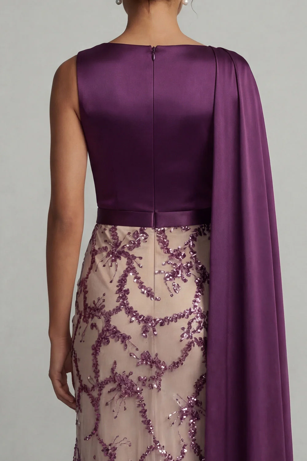 Sparkly Dark Purple Sheath Long Mother of the Bride Dress with Side Cape - Image 4