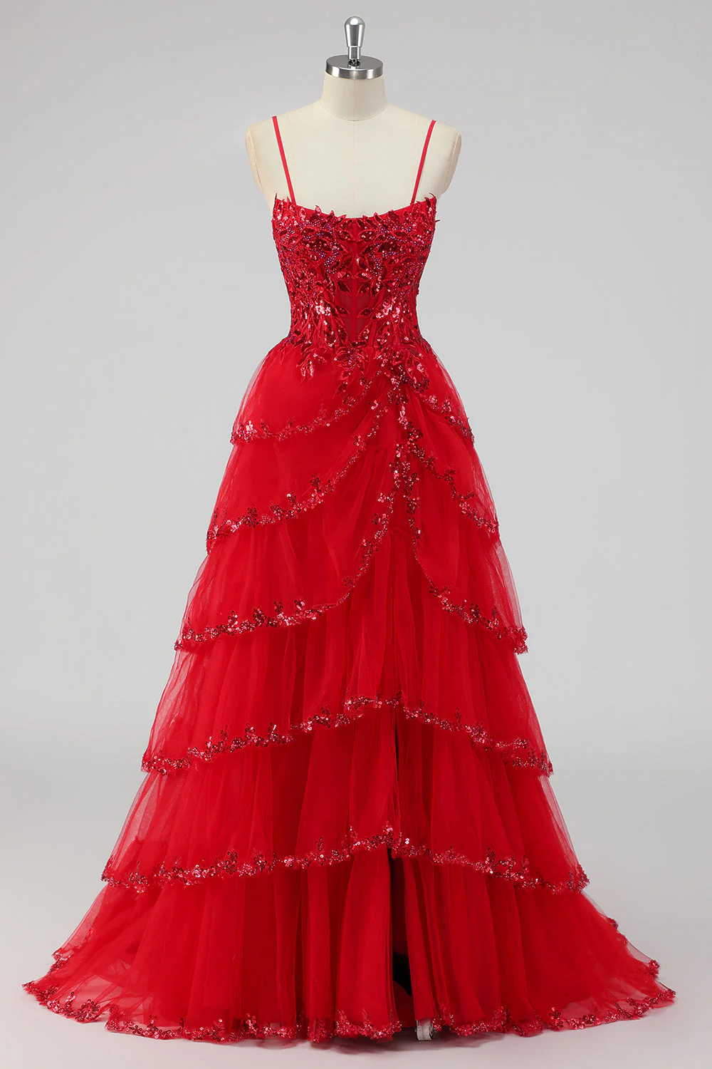 Sparkly Dark Red A Line Strapless Sequins Tiered Corset Prom Dress with Slit - Image 4