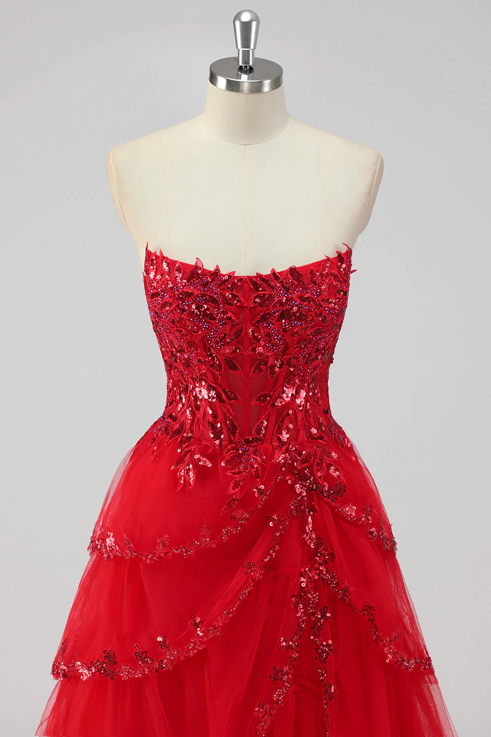 Sparkly Dark Red A Line Strapless Sequins Tiered Corset Prom Dress with Slit - Image 6