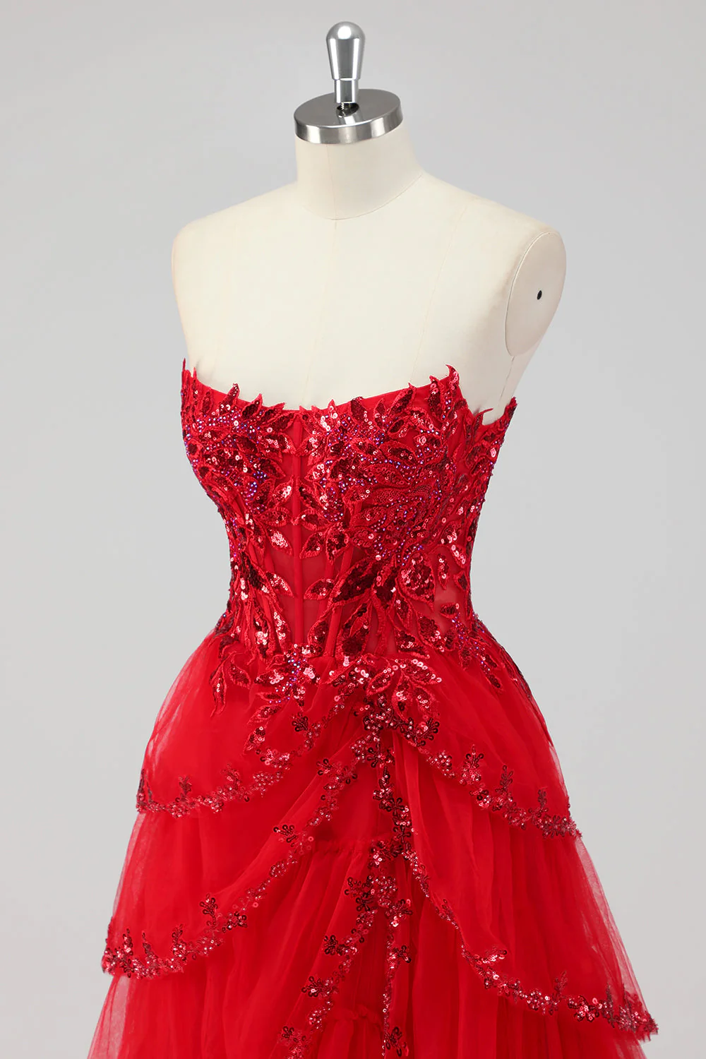 Sparkly Dark Red A Line Strapless Sequins Tiered Corset Prom Dress with Slit - Image 8