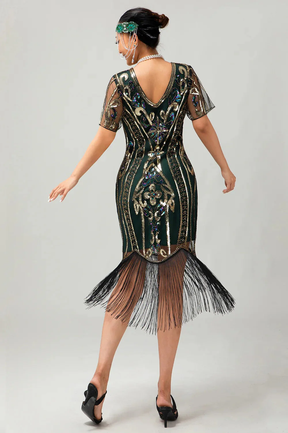 Sparkly Flapper Black Golden Sequin Bodycon Fringed 1920s Dress - Image 15
