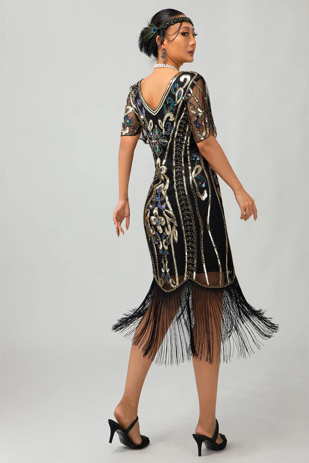 Sparkly Flapper Black Golden Sequin Bodycon Fringed 1920s Dress - Image 2