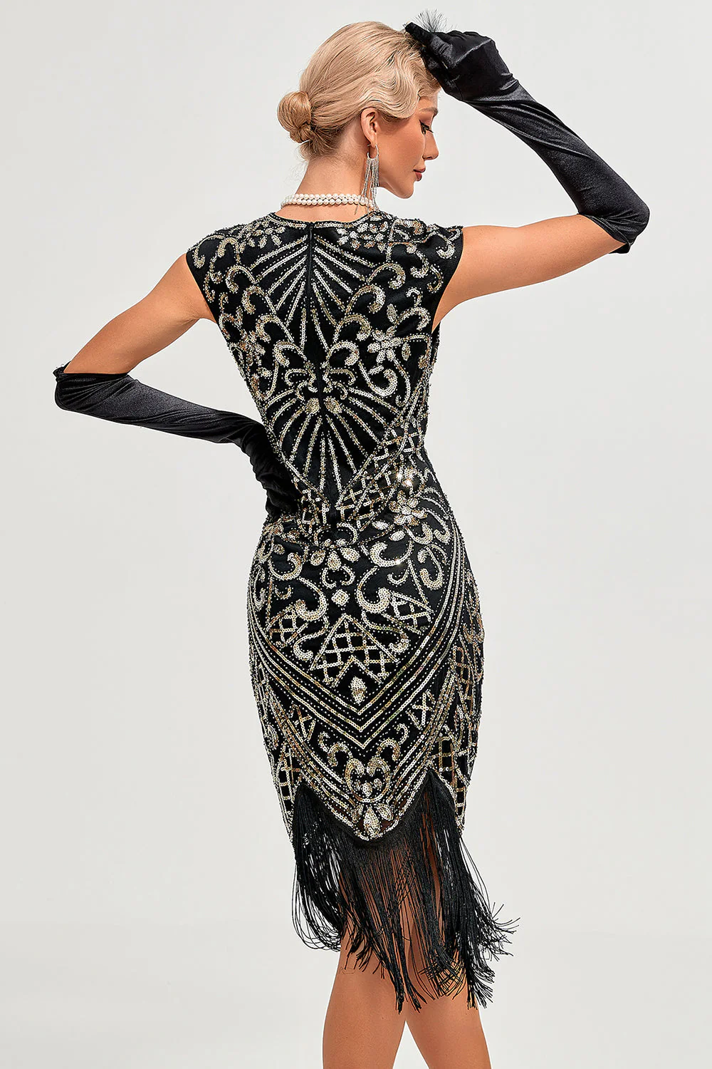 Sparkly Fringes Black Golden Flapper Dress with Accessories Set - Image 2