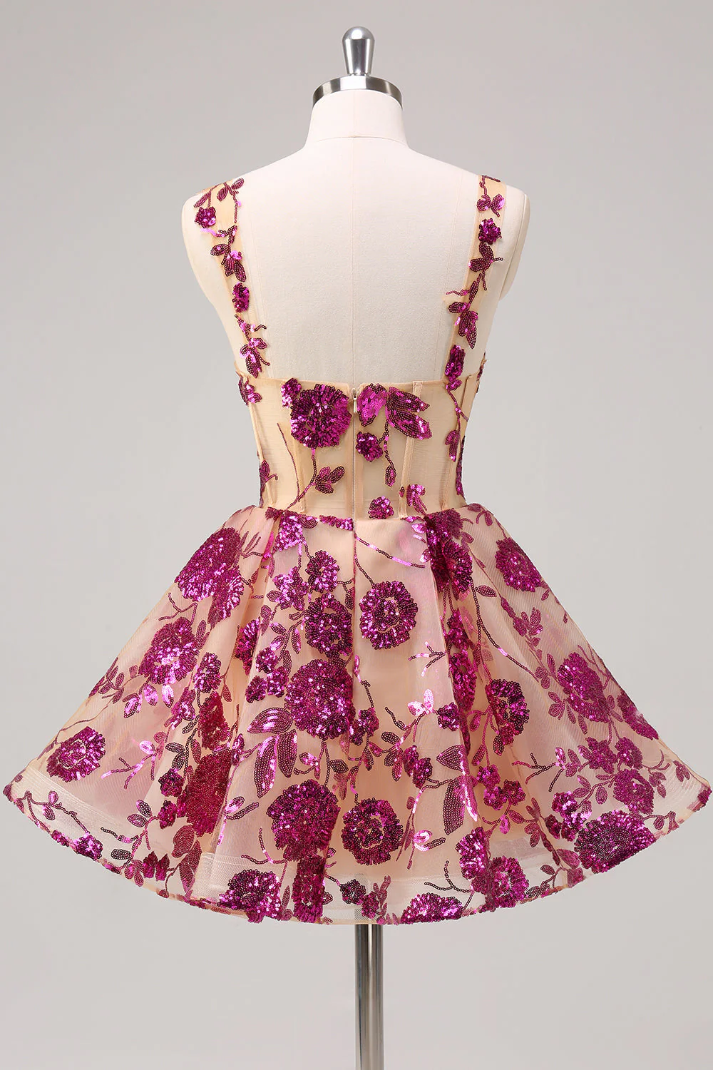 Sparkly Fuchsia A Line Corset Long Graduation Dress with Sequins - Image 2