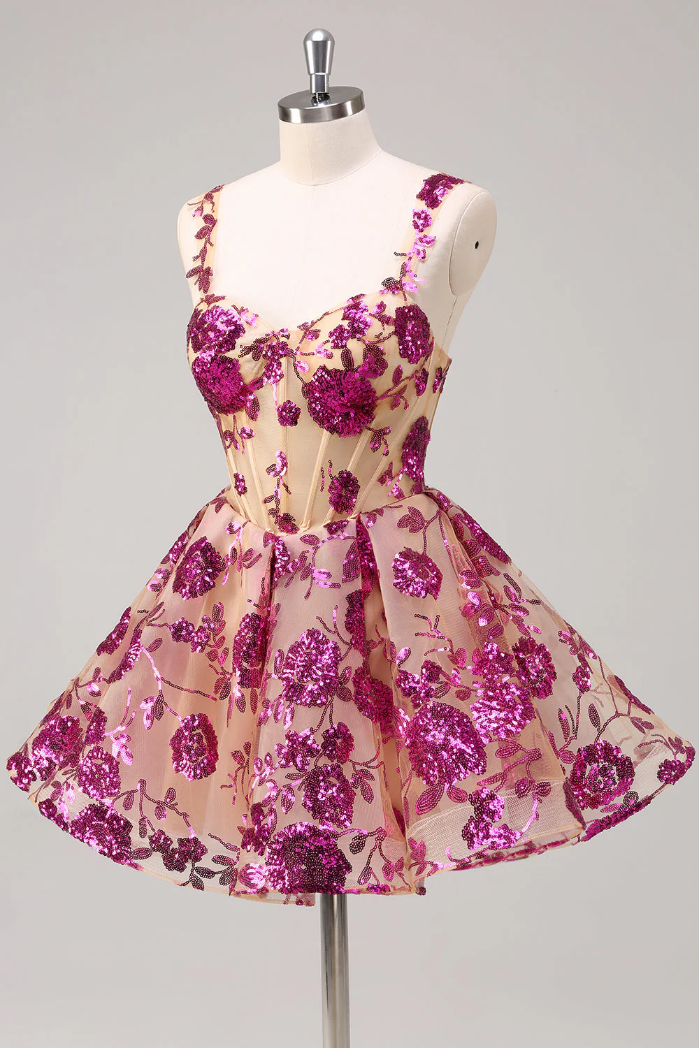 Sparkly Fuchsia A Line Corset Long Graduation Dress with Sequins - Image 3