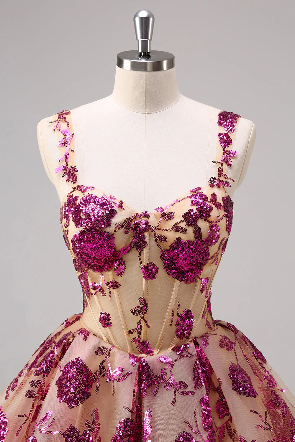 Sparkly Fuchsia A Line Corset Long Graduation Dress with Sequins - Image 4