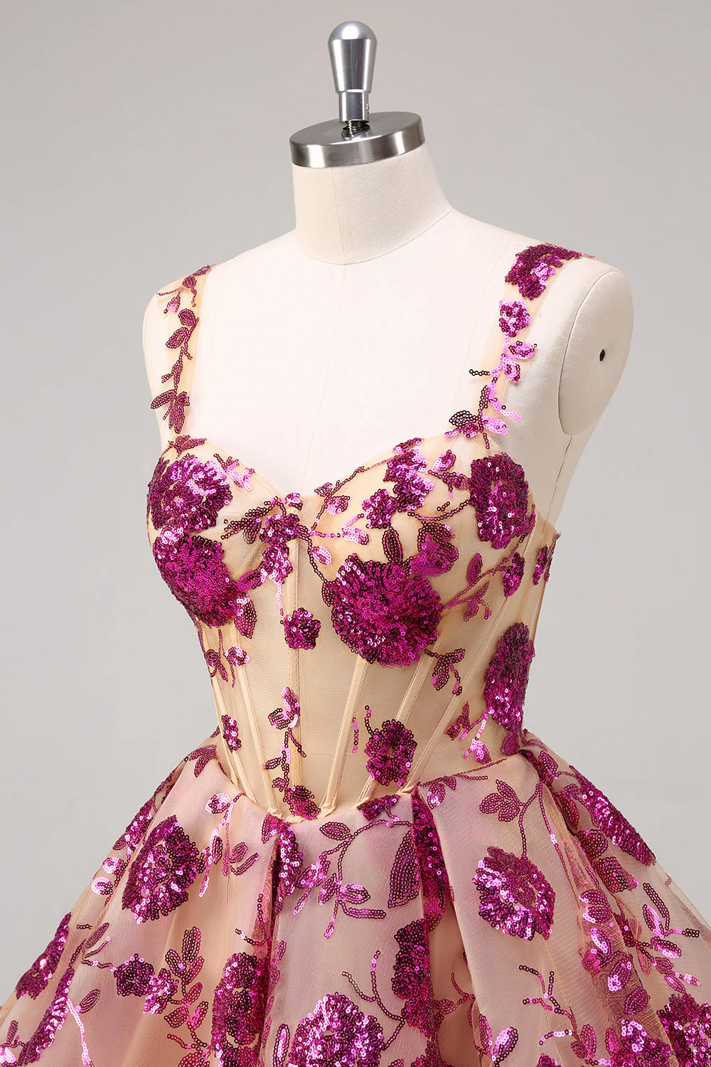 Sparkly Fuchsia A Line Corset Long Graduation Dress with Sequins - Image 6