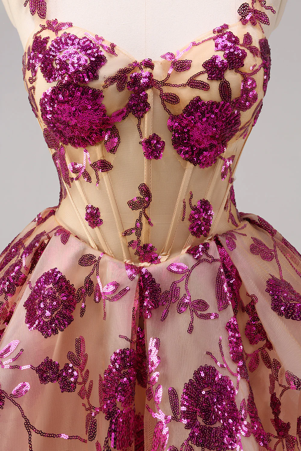Sparkly Fuchsia A Line Corset Long Graduation Dress with Sequins - Image 7