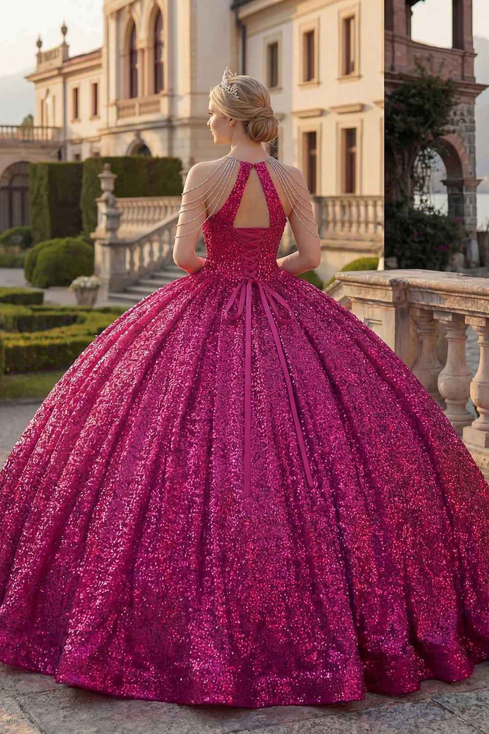 Sparkly Fuchsia Halter Neck Ball Gown Sequins Quinceanera Dress - Image 2