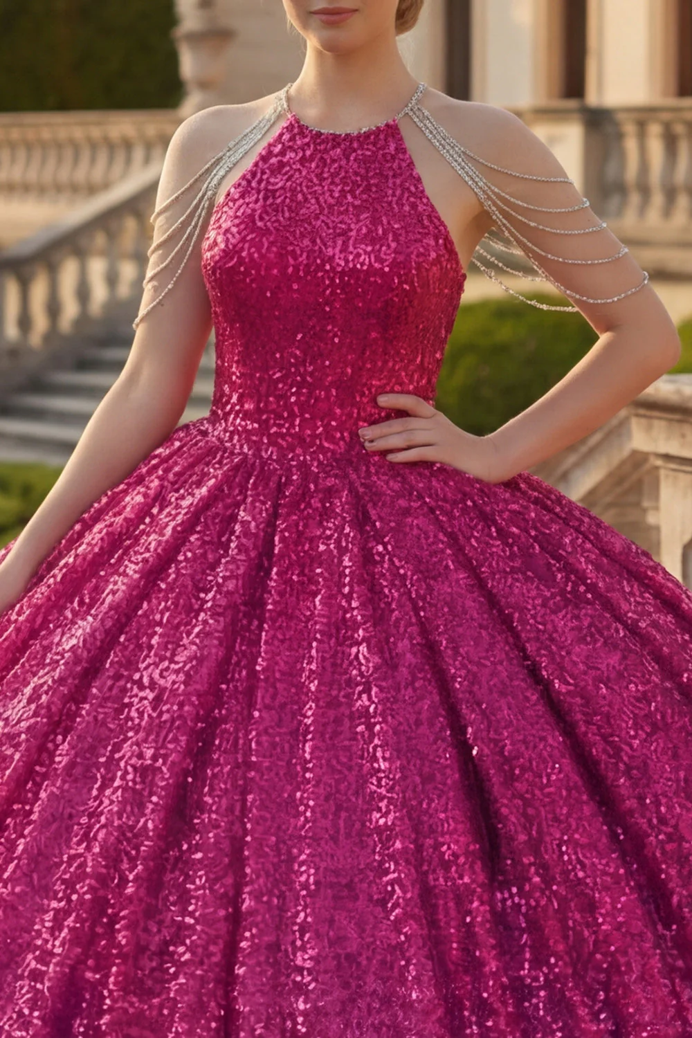 Sparkly Fuchsia Halter Neck Ball Gown Sequins Quinceanera Dress - Image 3