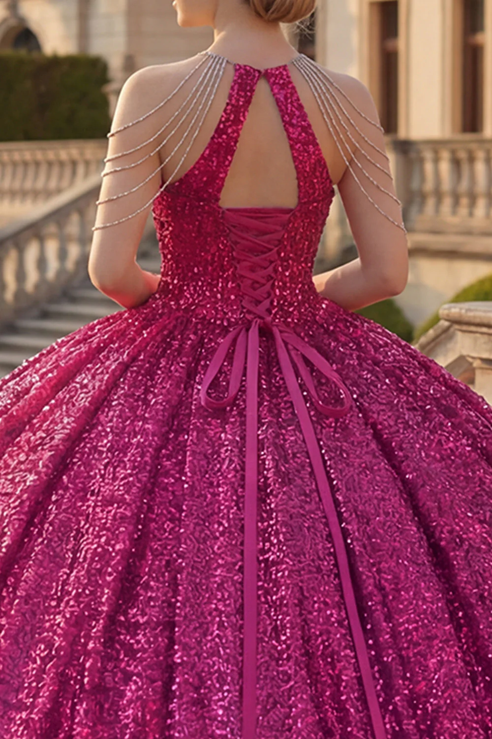Sparkly Fuchsia Halter Neck Ball Gown Sequins Quinceanera Dress - Image 4