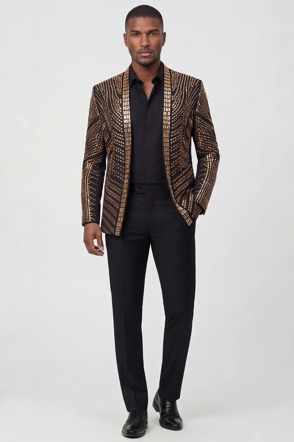 Sparkly Gold 2 Piece Open Front Beaded Men's Prom Suits