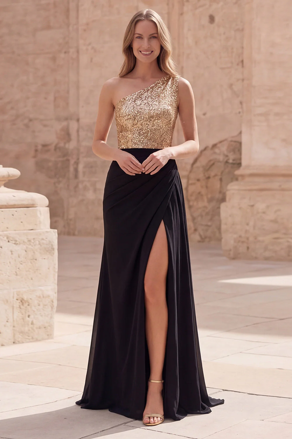 Sparkly Gold and Black One Shoulder Mermaid Long Prom Dress with Slit