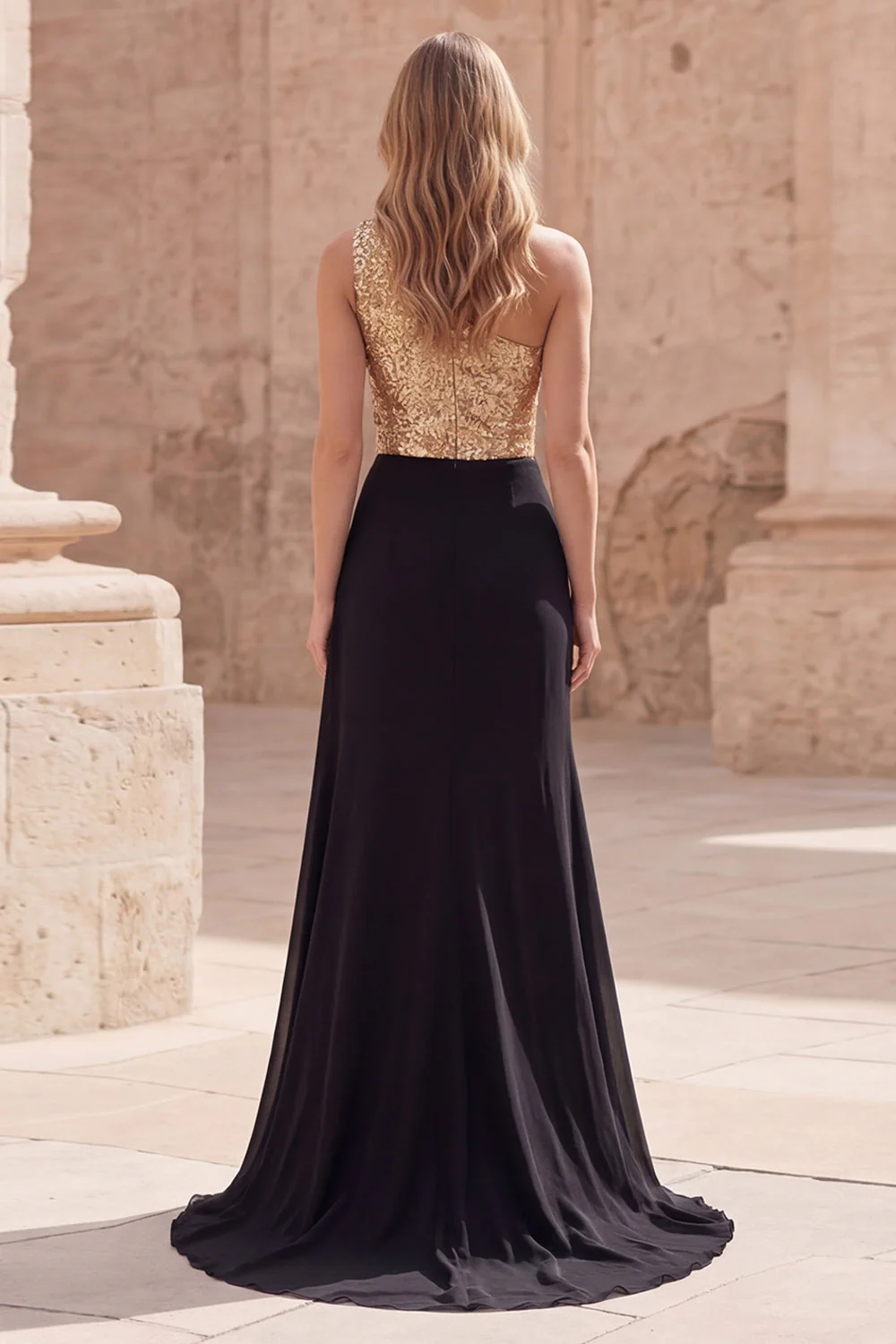 Sparkly Gold and Black One Shoulder Mermaid Long Prom Dress with Slit - Image 2