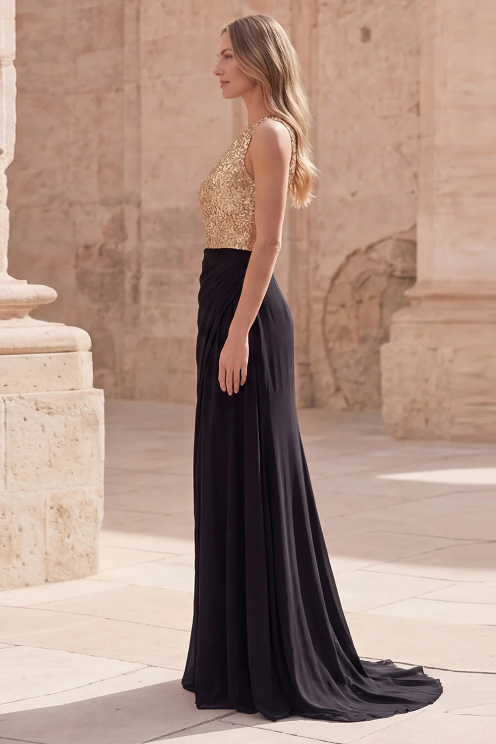 Sparkly Gold and Black One Shoulder Mermaid Long Prom Dress with Slit - Image 3