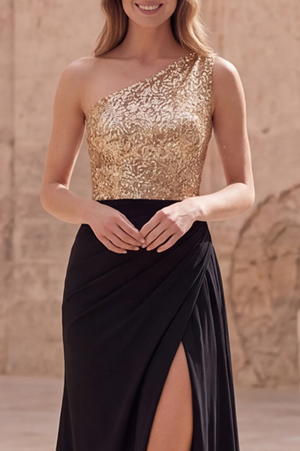 Sparkly Gold and Black One Shoulder Mermaid Long Prom Dress with Slit - Image 4