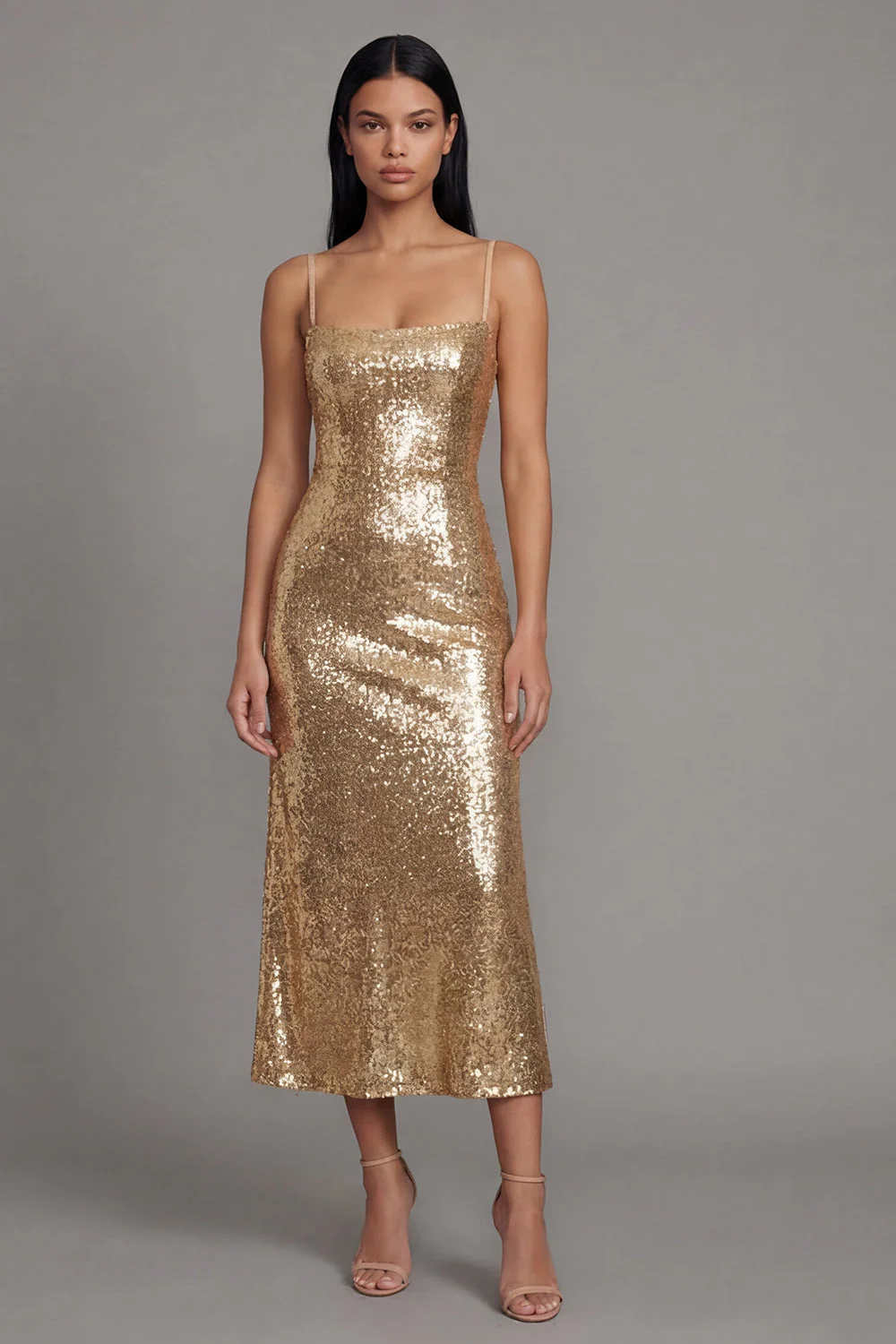 Sparkly Gold Bodycon Spaghetti Straps Midi Dress with Sequins