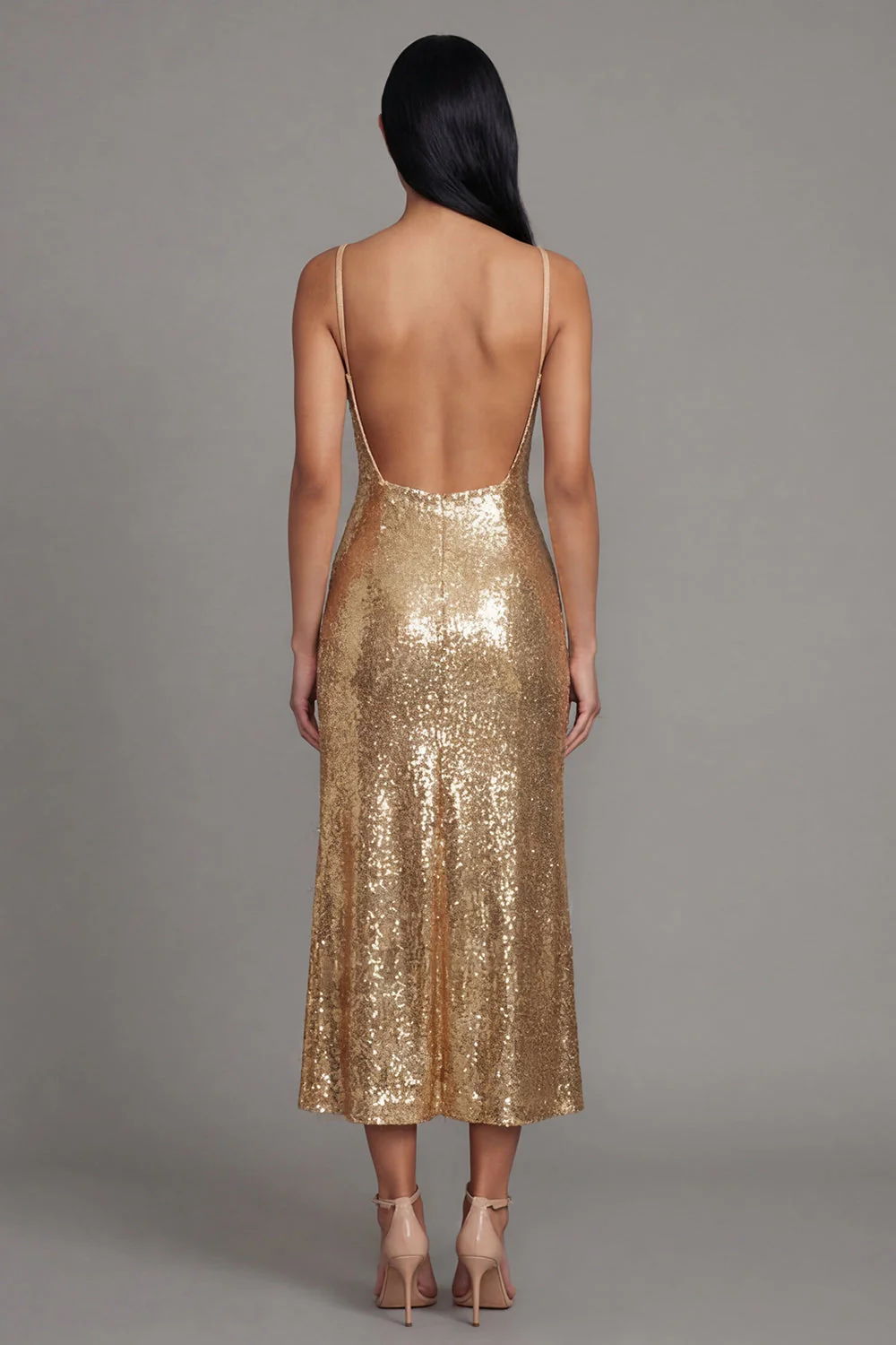 Sparkly Gold Bodycon Spaghetti Straps Midi Dress with Sequins - Image 3