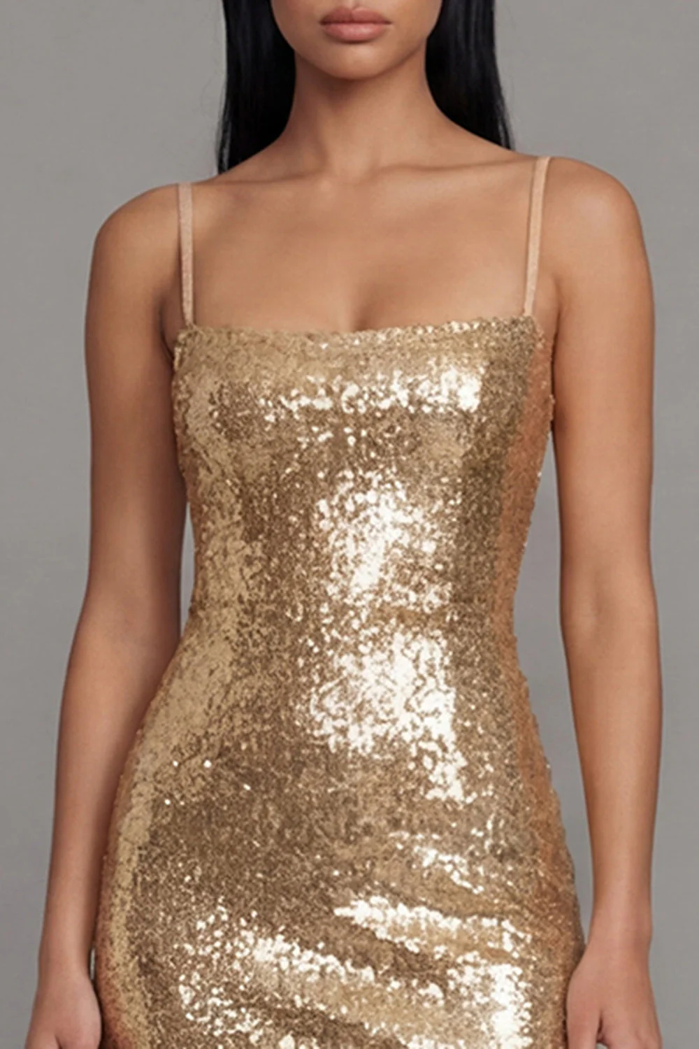 Sparkly Gold Bodycon Spaghetti Straps Midi Dress with Sequins - Image 4