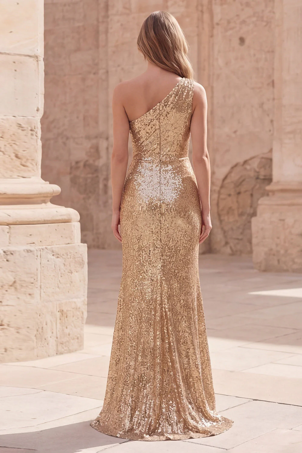 Sparkly Gold Mermaid One Shoulder Ruched Long Prom Dress with Slit - Image 2