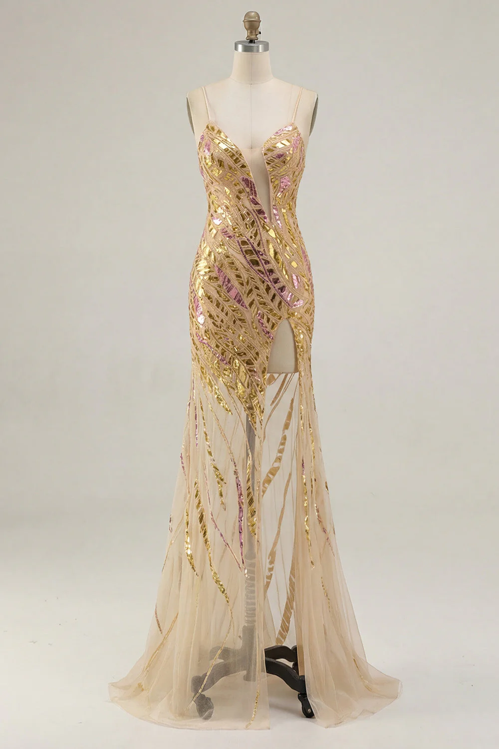 Sparkly Gold Mermaid Spaghetti Straps Long Sequin Prom Dress with Slit - Image 5