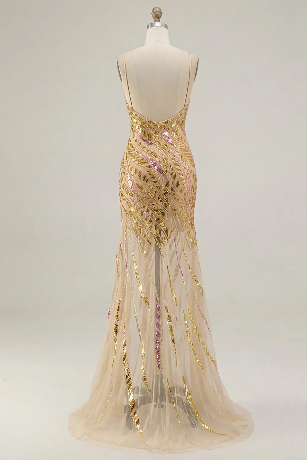 Sparkly Gold Mermaid Spaghetti Straps Long Sequin Prom Dress with Slit - Image 6