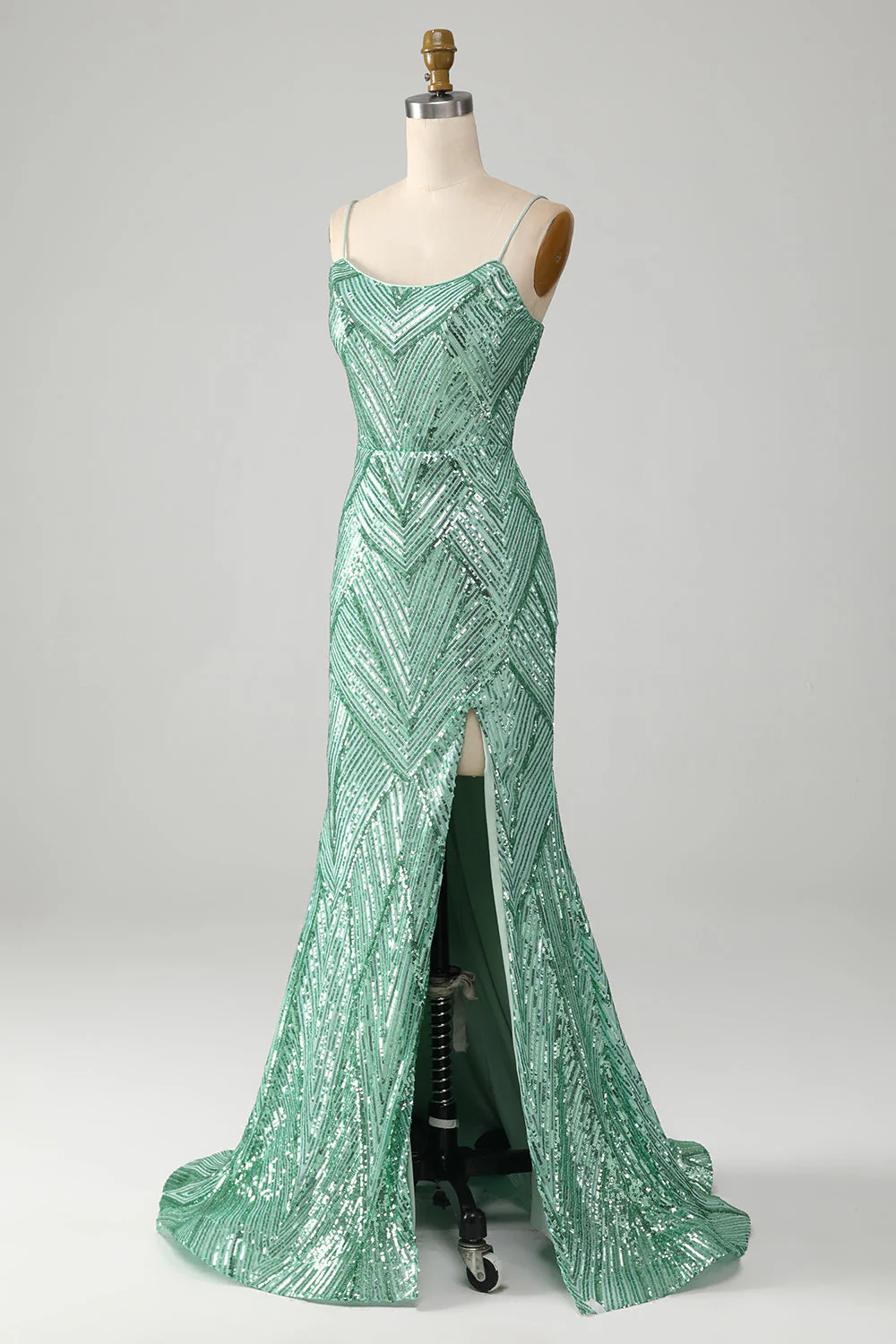 Sparkly Green Sequins Lace-Up Back Long Mermaid Prom Dress with Slit - Image 3