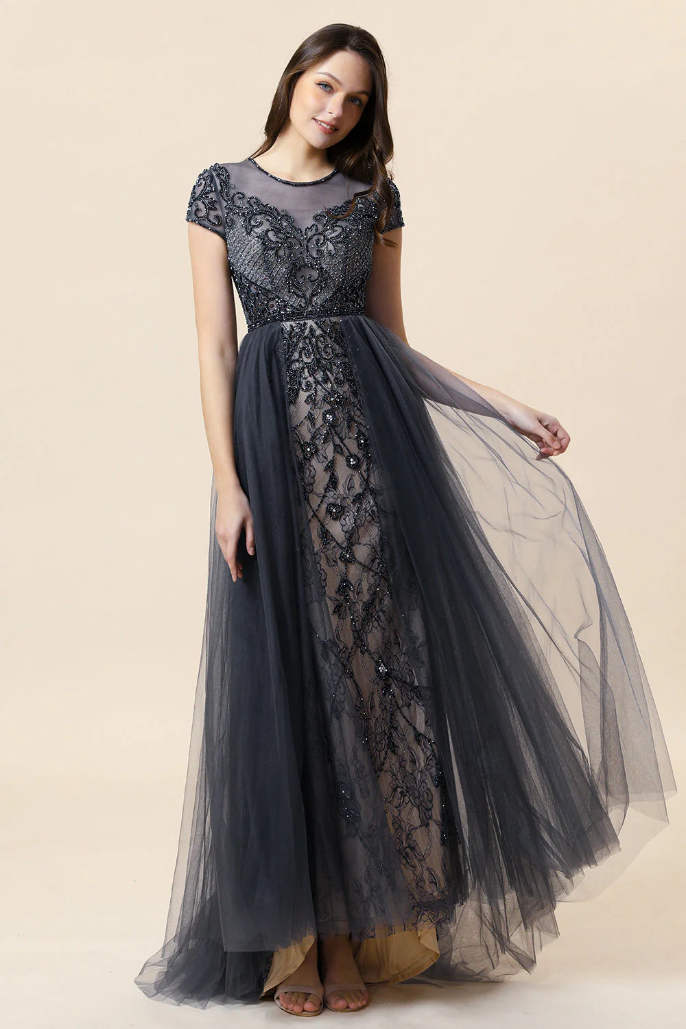 Sparkly Grey Beaded Long Formal Dress - Image 14