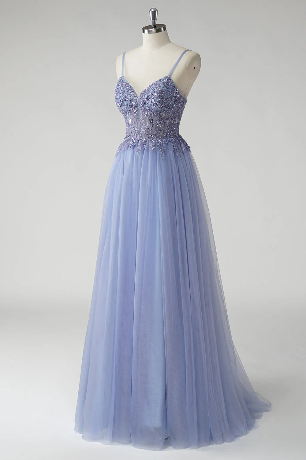 Sparkly Grey Blue A Line Tulle Prom Dress with Slit - Image 3